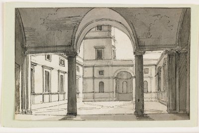 Näkymä italialaiselle pylväikkölle ja sisäpihalle, 1800-luvun alku (kynä ja ruskea muste ja harmaa pesu mustalla liidulla) tekijältä Italian School