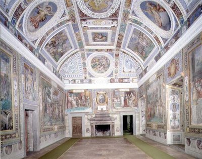 Näkymä "Sala dei Fasti Farneselle" (Farnesen loistosali), jonka on suunnitellut Onofrio Panvinio ja maalannut Taddeo (1529-66) ja Federico Zuccaro (1540-1609) 1557-83 (fresko) tekijältä Italian School