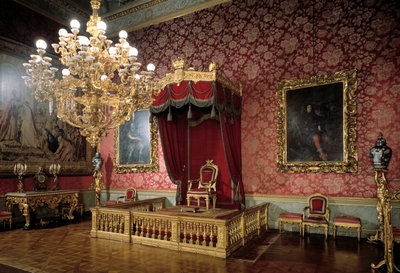 Näkymä valtaistuinhuoneeseen tai Chamberlains-huoneeseen 1800-luvun Royal Apartments, Palazzo Pitti, Firenze Italia tekijältä Italian School