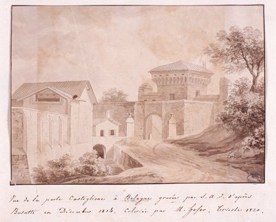 Näkymä Castiglionen portille Bolognassa, kaiverrettu S.A.I. Busatin jälkeen, joulukuu 1814 (värikaiverrus) tekijältä Italian School