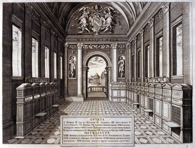 Näkymä Vatikaanin kasvitieteellisen puutarhan hoitajan Michele Mercatin (1541-1595) museosta. Kaiverrus "Metallotheca..." Roomasta 1717 - 1719 tekijältä Italian School
