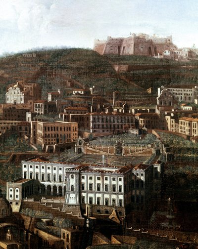 Näkymä vanhasta oikeustalosta, joka on muuttunut palatsiksi riippuvilla puutarhoineen Napolissa Anonyymi maalaus - 1700-luku - Napoli, Museo Nazionale di San Martino tekijältä Italian School