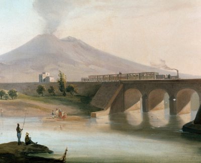 Näkymä Torre Annunziatan ja Noceran väliselle rautatielinjalle Napolin alueella vihitty käyttöön vuonna 1844, Vesuve näkyy taustalla (Näkymä Torre Annunziatan ja Noceran väliselle rautatielinjalle Napolin lähellä) - Maalaus 1800-luvun Museo Naziosta tekijältä Italian School