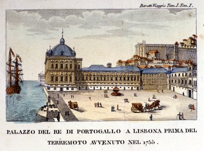 Näkymä kuninkaallisesta palatsista Lissabonissa ennen vuoden 1755 maanjäristystä. tekijältä Italian School