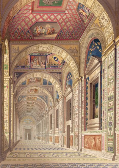 Näkymä toisen kerroksen Loggiasta Vatikaanissa, Raphaelin koristelu, Delle Loggie di Rafaele nel Vaticanosta, julkaistu irtolehtenä vuoden 1814 painoksessa (käsinvärinen kaiverrus) tekijältä Italian School