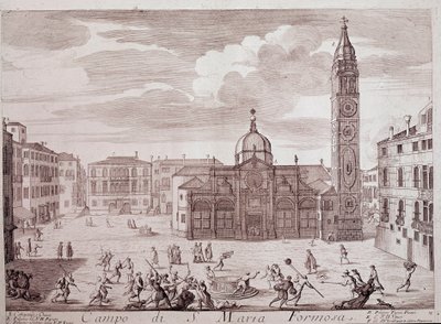 Näkymä Santa Maria Formosa Venetsian kirkon aukiolle. Kaiverrus "Teatro di Veneziasta" 1700-luvun Venetsia, Museo Correr tekijältä Italian School