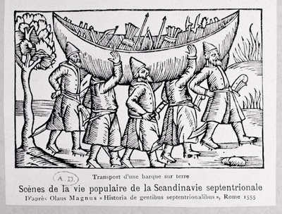 Viikingit kuljettamassa venettä Venäjälle, kuvitus Olaus Magnuksen (1490-1558) teoksesta Northern Nations History, julkaistu Roomassa, 1555 tekijältä Italian School