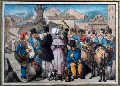 Kävelykohtaus Roomassa 1800-luvun Rooman akvarelli, kansanmusiikki tekijältä Italian School