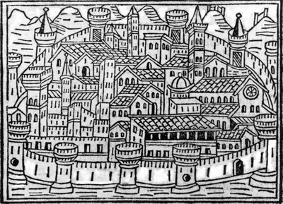 Muurien ympäröimä kaupunki Giacomo Filippo Forestin Supplementum Chronicarumista, 1506 tekijältä Italian School
