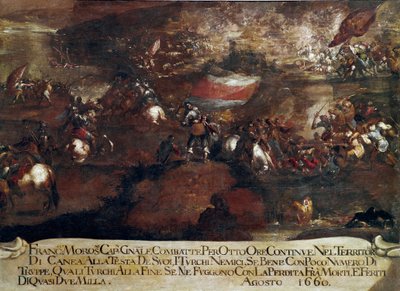 Candian sota (Kreeta): "" Francesco Morosinin (1619-1694) johtama Hanian taistelu elokuussa 1660" (Kreetan sota (1645-69): Francesco Morosinin johtama Canean hyökkäys elokuussa 1660) Maalaus Venetsialainen koulu tekijältä Italian School