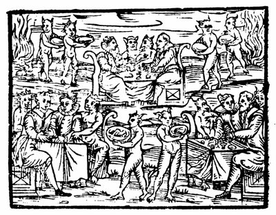 Noidat ja velhot juhlimassa sapattina, kuvitus Francesco Maria Guazzon Compendium Maleficarumista, 1608 tekijältä Italian School