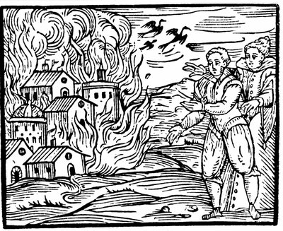 Noidat tuhosivat taloa tulipalossa, Swabia vuonna 1533, kuvitus Francesco Maria Guazzon Compendium Maleficarumista, 1608 tekijältä Italian School
