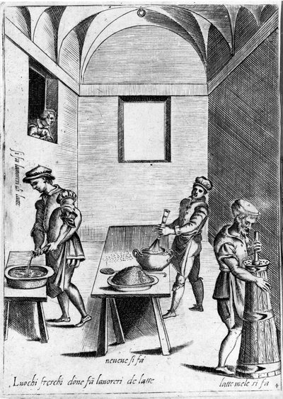 Työmaito (maitotuote) viileässä paikassa. Kaiverrus ”Ooppera”, gastronomiaa käsittelevä kirja, joka on jaettu 6 osaan, Bartolomeo Scappi, paavi Pius V. Venetsian henkilökohtainen kokki tekijältä Italian School