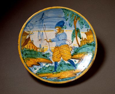 Aateliston nuori mies. Keraaminen levy valmistettu Viterbossa, Italiassa. 1500-luvun loppu Firenze, Museo Nazionale del Bargello tekijältä Italian School