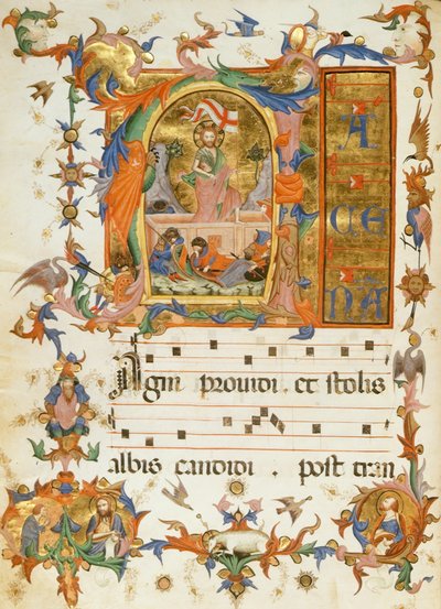 f.80v Ylösnousemus, Pyhän Vapahtajan luostarin laulukirjasta, Siena 1415 (vellum) tekijältä Italian School