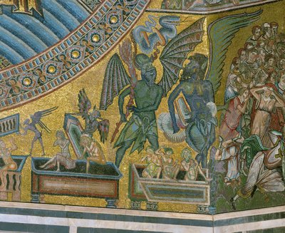 Viimeinen tuomio: Paholainen raahaa syntisiä haudoistaan (mosaiikki). tekijältä Italian school