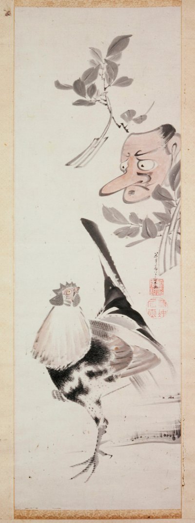 Cockerel and Tengu-Mask, n. 1775 (muste ja vaalea väri paperille) tekijältä Ito Jakuchu