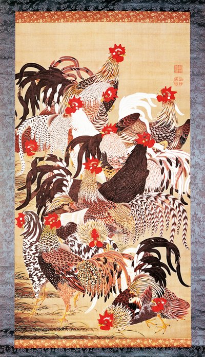 Kolmetoista kukkoa, teoksesta Doshoku Sai-e (Elävien olentojen värikäs valtakunta) Edo-kausi. n.1757-66 (väri silkille). tekijältä Ito Jakuchu