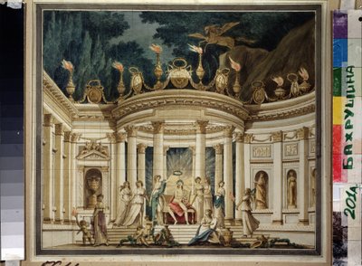 Le Triomphe des Muses. Alexander Aljabyevin (1787-1851) ja Aleksis Verstsovskin (1799-1863) prologi-musikaaliprojekti Projet du rideau. (Muusien voitto. Verhosuunnittelu A.Aljabjevin ja A.Verstovskin musiikkiprologiin). Sisustus antiquisant avec Apollon, tekijältä Ivan Alekseevich Ivanov