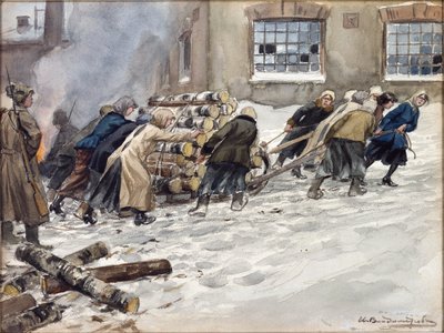 Vladimirov, Ivan Aleksejevitš (1869-1947) polttopuiden hankinta. Akvarelli, guassi paperille tekijältä Ivan Alexeyevich Vladimirov