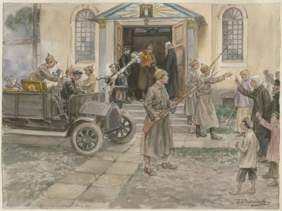Pietarin kirkkoaarteiden pakkolunastus 5. toukokuuta 1922 Venäjän vesivärisarjasta tekijältä Ivan Alexeyevich Vladimirov