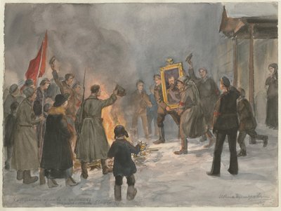 Sotilaat polttavat maalauksia vesivärisarjasta Venäjän vallankumous, 1917 tekijältä Ivan Alexeyevich Vladimirov