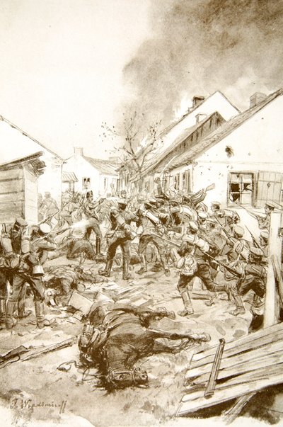 Pyyhkäisevät kaikki edessään bajoneteilla: venäläissotilaat hyökkäävät Jaroslavin (litho) esikaupunkiin tekijältä Ivan Alexeyevich Vladimirov