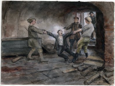 Un detenu emmene pour etre execute - Miestä pidetään ja teloitetaan (Venäjän vallankumouksen vesivärisarjasta) - Vladimirov, Ivan Aleksejevitš (1869-1947) - 1919 - Vesiväri paperille - 25,7x34,5 - Yksityiskokoelma tekijältä Ivan Alexeyevich Vladimirov
