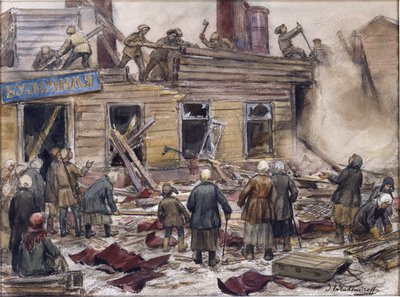 Työmiehet purkavat puutaloja polttoainetta varten Vladimirov, Ivan Aleksejevitš (1869-1947). Akvarelli, guassi paperille tekijältä Ivan Alexeyevich Vladimirov