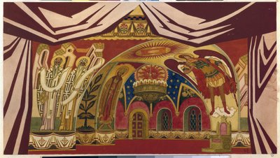 Sisustus Nikolai (Nikolai) Rimski Korsakovin (Rimski-Korsakov) (1844-1908) oopperaan "Tsaarin morsian". Ivan Yakovlevich Bilibin (Bilibin) (1876-1942) työ, akvarelli ja guassi paperille tekijältä Ivan Yakovlevich Bilibin