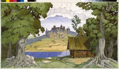 Sisustus Aleksei Vertovskin (1799-1862) oopperaan "Askoldin hauta". Ivan Yakovlevich Bilibin (Bilibin) (1876-1942) työ, akvarelli paperille tekijältä Ivan Yakovlevich Bilibin
