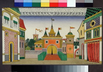 Valmisteleva piirustus Nikolai (Nikolai) Rimski Korsakovin (Rimski-Korsakovin) (1844-1908) oopperan Kultainen kukko lavastukseen Ivan Yakolevich Bilibinin maalaus (Bilibi) tekijältä Ivan Yakovlevich Bilibin
