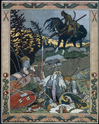 Kuvitus satulle Maria des mers (Kuvitus satulle Marya Morevna). Prinssi Ivan löytää armeijan, jonka soturikuningatar Maria Morevna voitti. Ivan Yakovlevich Bilibin (Bilibin) (1876-1942) työ, akvarelli ja tussi paperille tekijältä Ivan Yakovlevich Bilibin