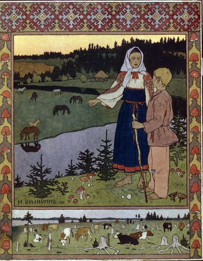 Kuvitus perinteiselle tarinalle Alyonouchka ja Ivanouchka. Ivan Yakovlevich Bilibin (Bilibin) (1876-1942) teos, litografia tekijältä Ivan Yakovlevich Bilibin
