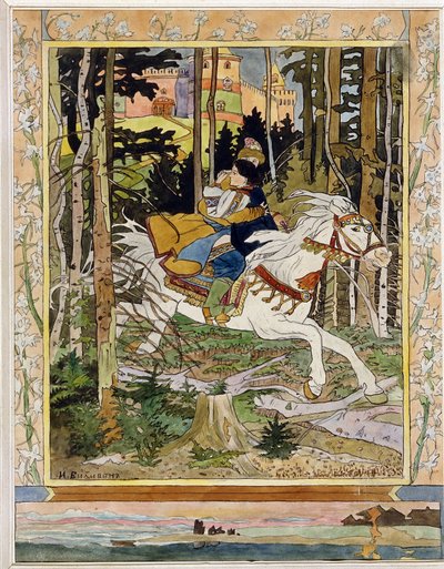 Prinssi Ivan. (Ivan Tsarevitš). Venäläisten kansanperinteen legendojen sankarit, jotka ratsastavat valkoisella hevosella metsässä, pakenevat linnasta ja halaavat Vassilissa La Tres Belleä sylissään. Kuvitus: Ivan Yakovlevich Bilibin (Bilibin) (1876-1942),  tekijältä Ivan Yakovlevich Bilibin