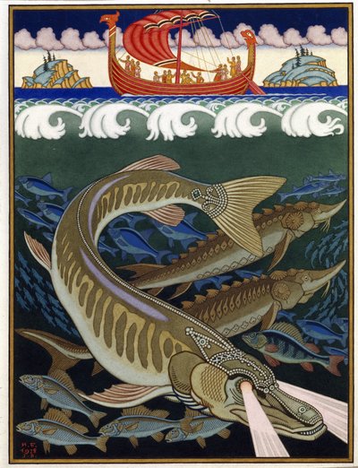 Meren valtakunta (Sea Empire). Venäläinen perinteinen tarina. Ivan Yakovlevich Bilibin (Bilibin) (1876-1942) työ, akvarelli ja guassi paperille tekijältä Ivan Yakovlevich Bilibin