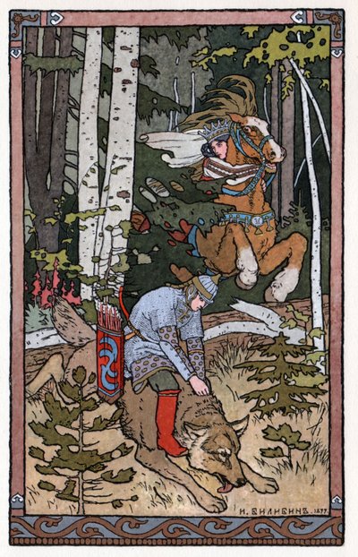 Tsarevitš Ivan, tulilintu ja harmaa susi, n. 1899 (litografia) tekijältä Ivan Yakovlevich Bilibin