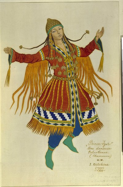 Polovtsilainen (tai couman, kumani) shamaanitanssija. Puku Alexandre Borodinin (Borodin) (1833-1887) oopperaan "Prince Igor"". Ivan Yakovlevich Bilibin (Bilibin) (1876-1942) työ, akvarelli paperille tekijältä Ivan Yakovlevich Bilibin