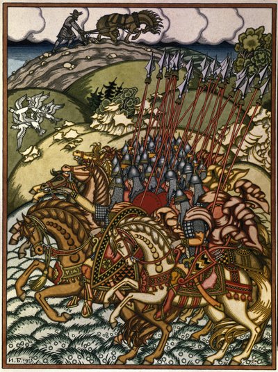 Volga Svjatoslavitš (Vseslav de Polotsk (versiot 1039-1101), Kiovan suurprinssi 1068–1069) ja Mikula Seljaninovitš (?). Ivan Yakovlevich Bilibin (Bilibine) (1876-1942) teos, litografia tekijältä Ivan Yakovlevich Bilibin