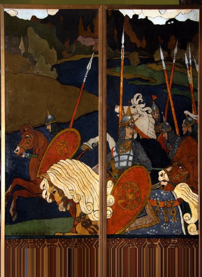 Volga Svjatoslavitsh ja hänen armeijansa. (Venäjän legendaarinen sankari Vladimir I Svjatoslavitsh (958-1015), Kiovan ruhtinas, joka tunnetaan nimellä Suuri tai punainen aurinko). Ivan Yakovlevich Bilibin (Bilibin) (1876-1942) maalaus, öljy kankaalle tekijältä Ivan Yakovlevich Bilibin