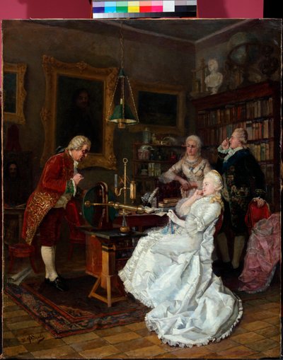 Venäjän keisarinna Katariina II (1729-1796) Mihail Lomonosovin (1711-1765) luona (Keisarinna Katariina M.Lomonosovin luona) Ivan Fiodorovin (Fedorovin) maalaus (1853-1894) tekijältä Ivan Feodorov