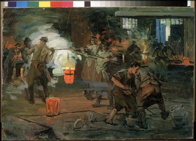""Työntekijät valimopajassa"" Ivan Georgievich Drozdovin (1880-1939) maalaus 1923 Pietarin valtion venäläinen museo tekijältä Ivan Georgievich Drozdov