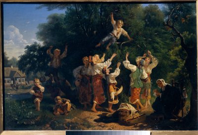 Kirsikoiden poimiminen omistajan hedelmätarhassa Ukrainassa. Maalaus Ivan Ivanovich Sokolov (1823-1918), öljy kankaalle tekijältä Ivan Ivanovich Sokolov