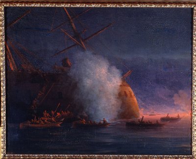 Venäjän-Turkin (Venäjä-Turkin) sota 1877-1878: venäläisten purjeveneiden hyökkäys turkkilaiseen höyrytaistelulaivaan Assari Shevket Mustallamerellä, 12. elokuuta 1877 (Venäläisten kutterien hyökkäys turkkilaiseen höyrytaistelulaivaan Assari Shevket Mustall tekijältä Ivan Konstantinovich Aivazovsky