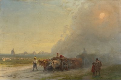 "Härkäkärryt Ukrainan stepillä" (Härkäkärryt Ukrainan aroilla) Ivan Constantinovich Aivazowskin (Aivazovsky 1817-1900) maalaus 1888 - Öljy kankaalle Koko 26x38,7 cm Yksityiskokoelma tekijältä Ivan Konstantinovich Aivazovsky