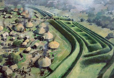 Ilmakuva Old Oswestry Hill Fort -linnoituksen sisäänkäynnistä rautakaudella, c1970-2010 tekijältä Ivan Lapper