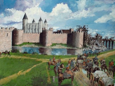 Rekonstruoitu näkymä Lontoon Towerista luoteesta, jossa näkyy kuningas Henrik III:n romahtanut portti vuonna 1300. tekijältä Ivan Lapper