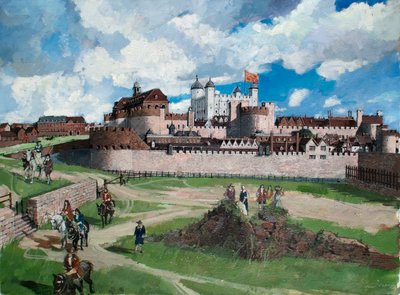 Rekonstruoitu näkymä Tower of Londonista lännestä noin vuonna 1700. tekijältä Ivan Lapper