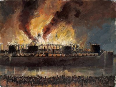 Rekonstruoitu näkymä Lontoon tornista, jossa Grand Storehouse palaa vuonna 1841. tekijältä Ivan Lapper
