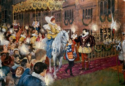 Robert Dudley toivottaa kuningatar Elisabet I:n tervetulleeksi Kenilworthin linnaan Warwickshiressä heinäkuussa 1575 c2000-luvulla tekijältä Ivan Lapper
